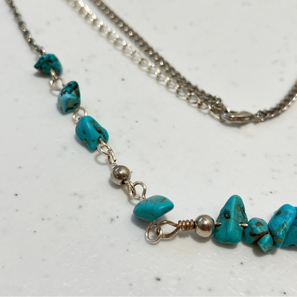Handmade Turquoise & Silver Color Rope Necklace 47 Inch Beaded Chain - Picture 4 of 9